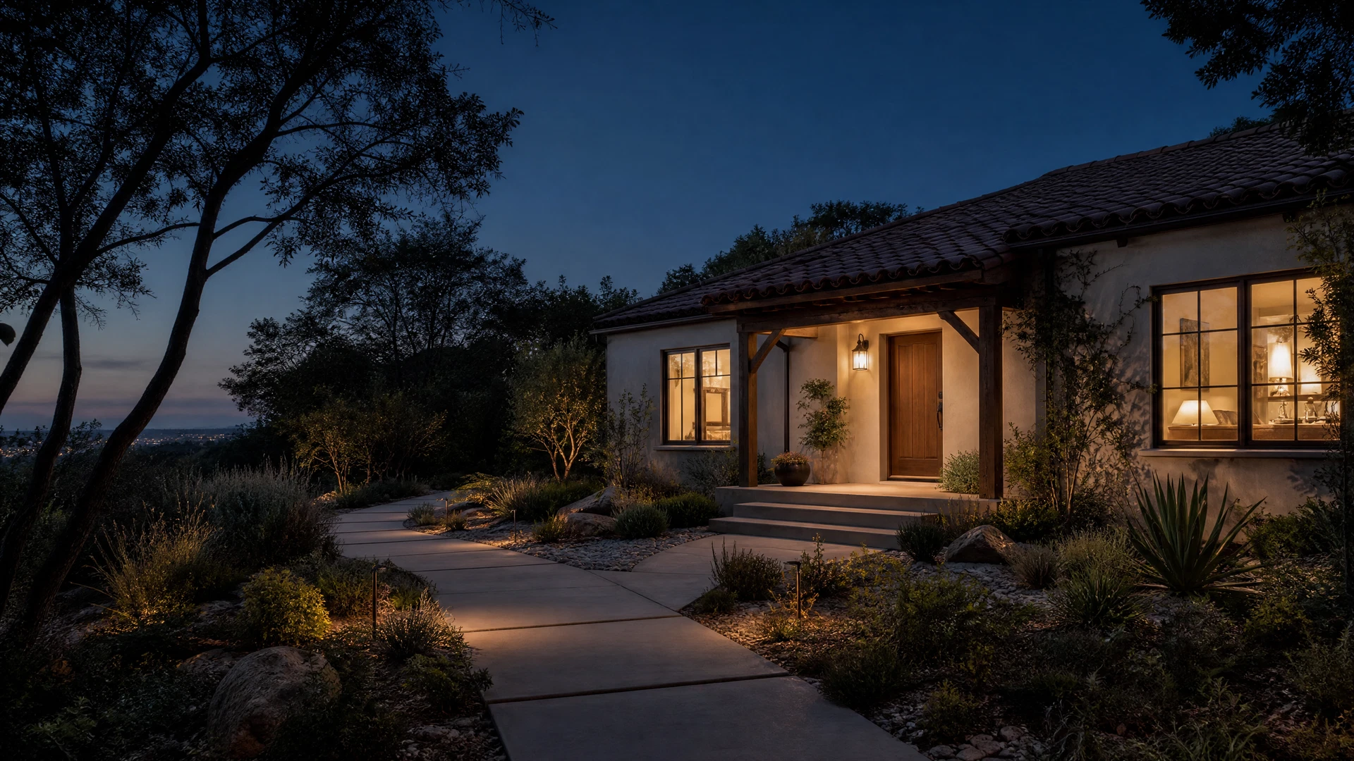 Illustrative dusk residential exterior used as a presentation image