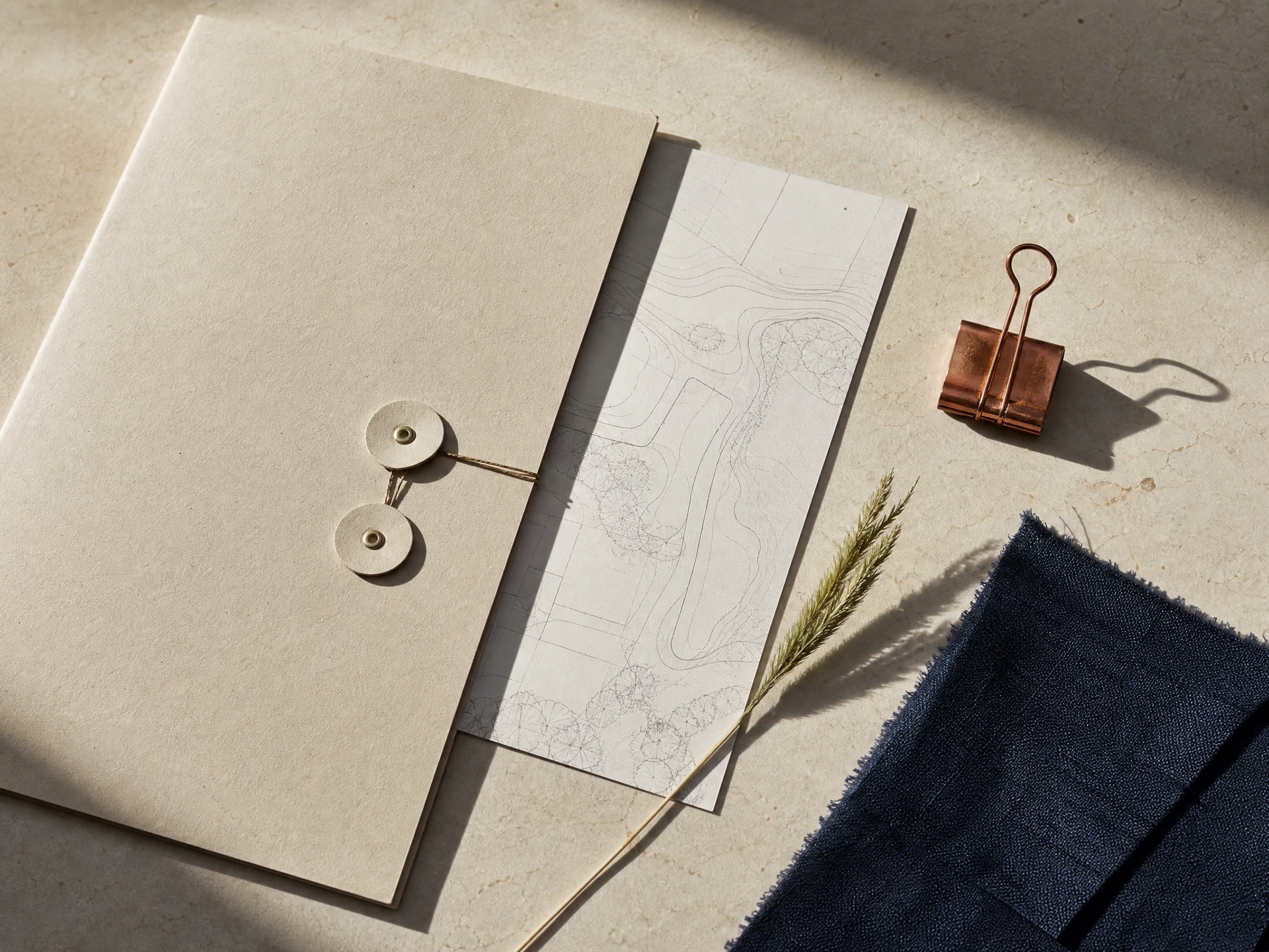 Illustrative architectural-document and materials still life